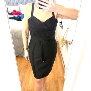 Sleeveless Black Midi Bandage Dress with Waist Tie